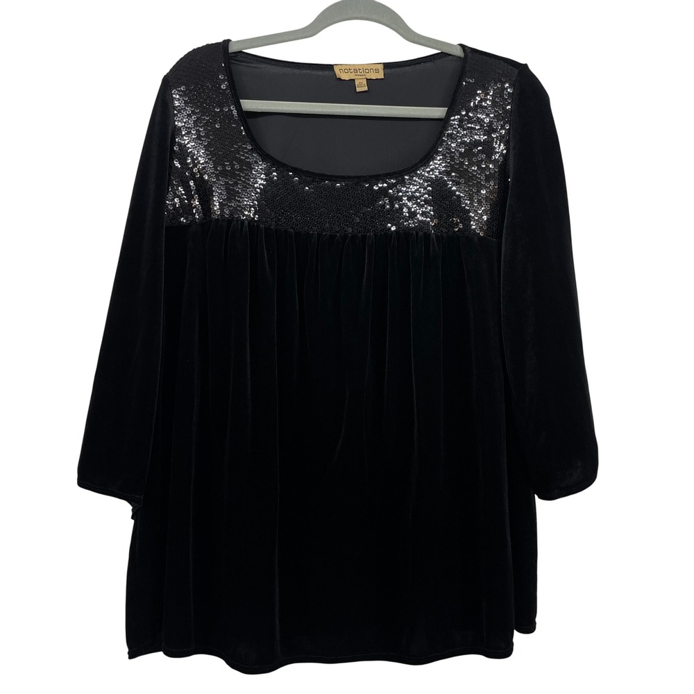 Notations Woman Plus Size 2X Top Black‎ Velvet Sequin Yoke Flare Sleeve Babydoll